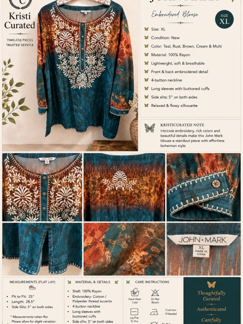 John Mark Embroidered Teal & Rust Floral Blouse XL - Picture 2 of 9